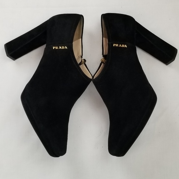 Prada Black Suede Block Heels Ankle Boots 37.5 - Picture 6 of 10